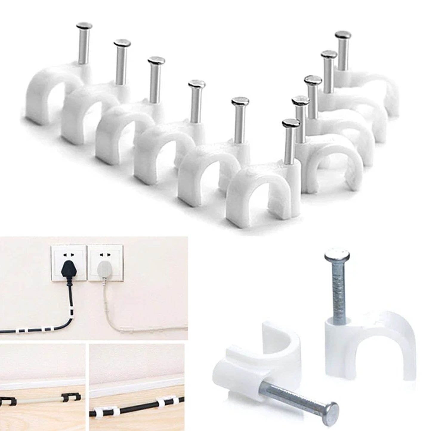 Wire Wall Clips, Plastic Cable Clips Round Wire Pins with Steel Nail (20 Pcs Set)