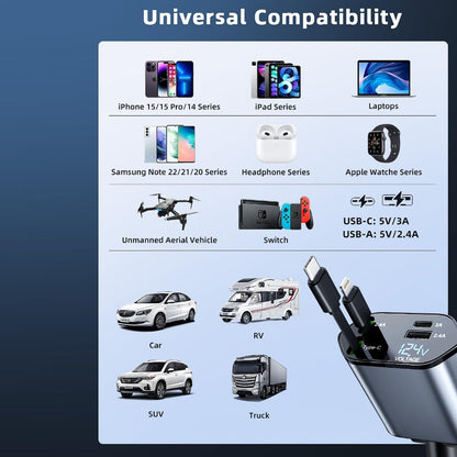  4-in-1 Super Fast Car Charger Dual Built-In Cables - specs detail shot