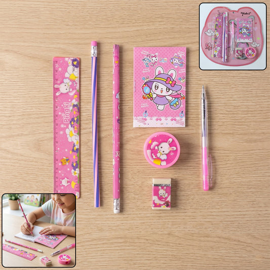 7-In-1 Cute Pink Stationery Set with Ruler, Pencil, Eraser, Pen, Notebook, Sharpener