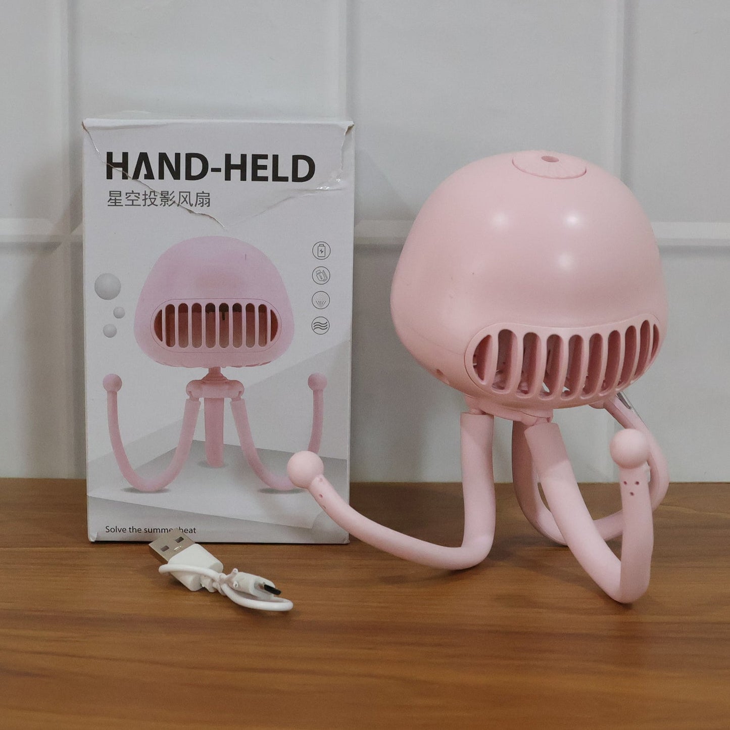 Handheld Mini Fan with LED Star Projector Flexible Tripod Stand (1 Pc)