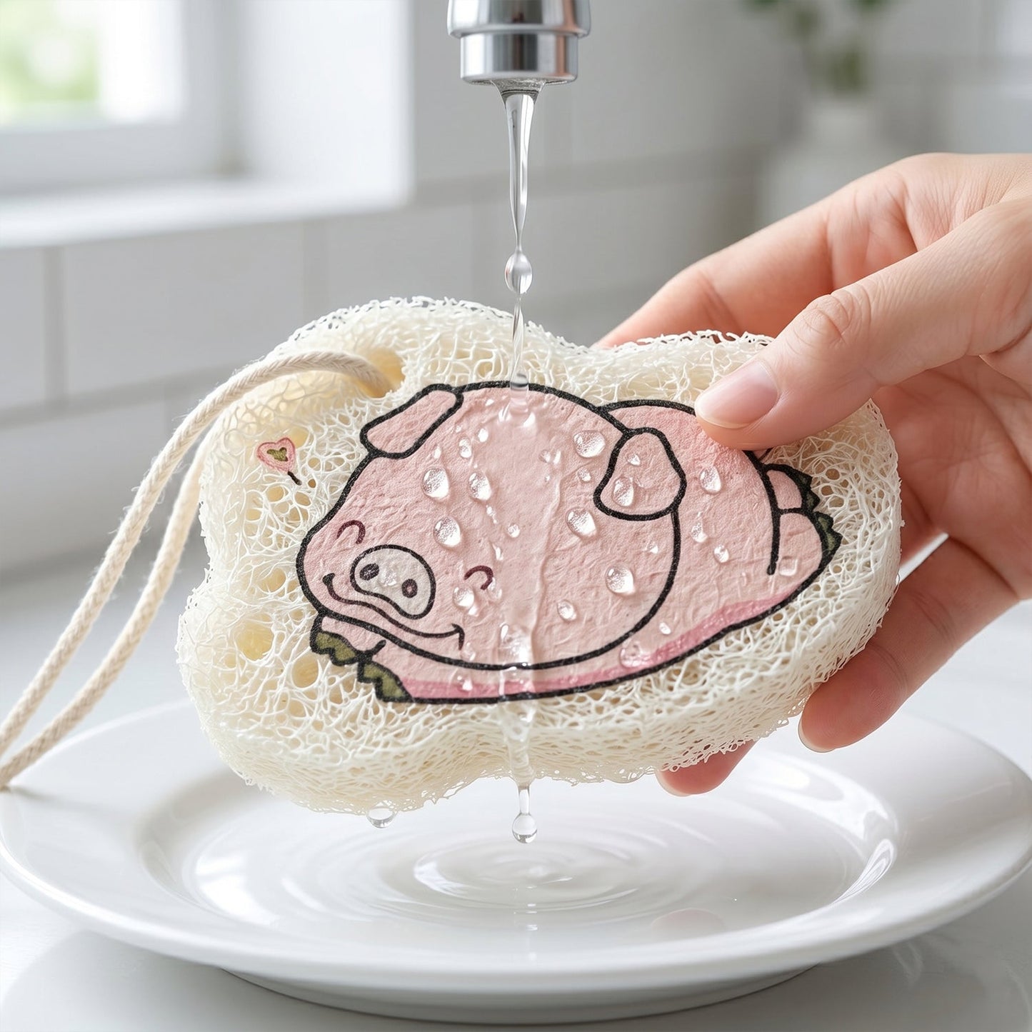 Cartoon Printed Bath Scrubber Sponge with Hanging Rope (1 Pc)